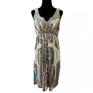 One World Boho Babydoll Dress  Flowy Sleeveless Mini Cream Blue Paisley Medium